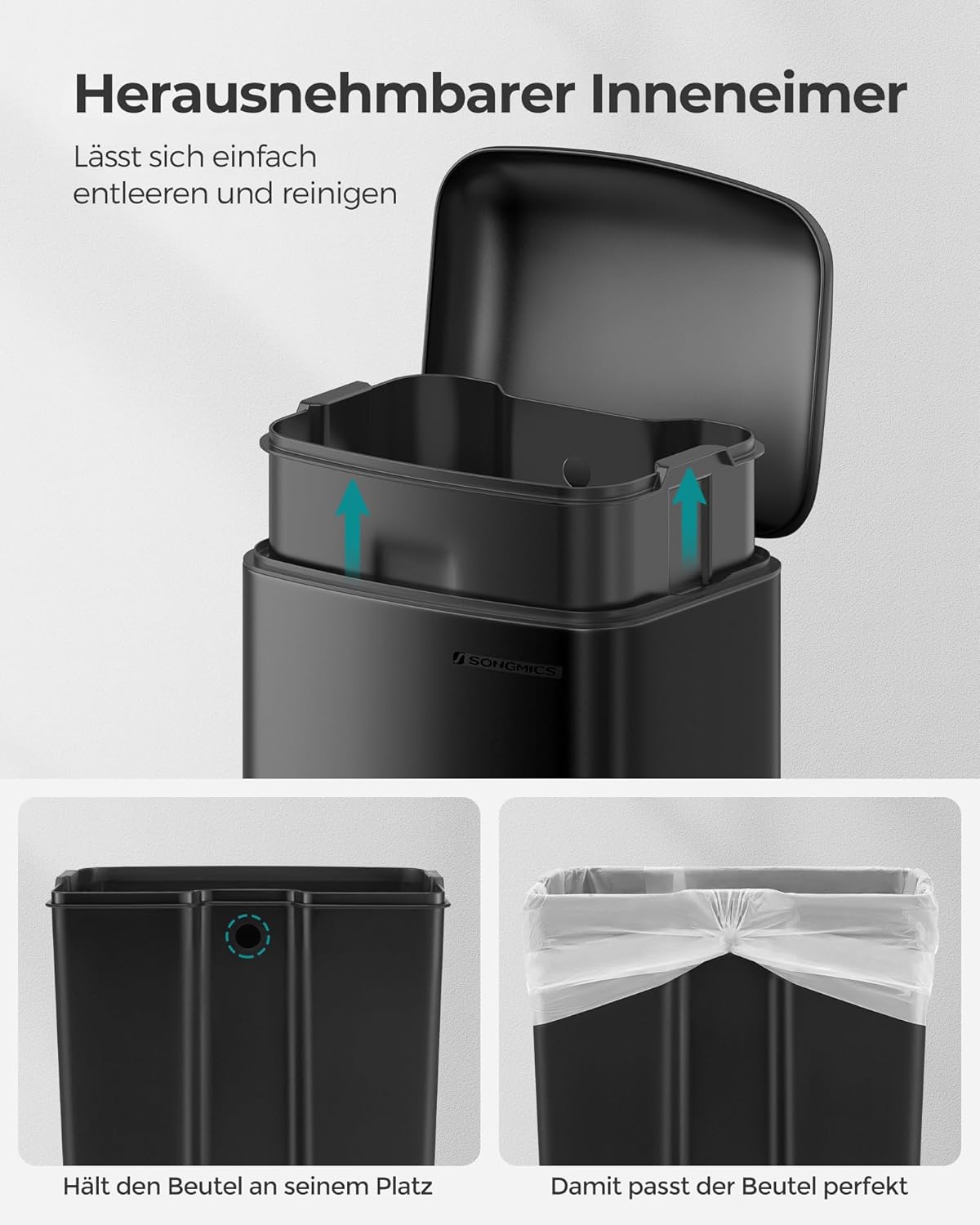 Detalle de SONGMICS Mülleimer 30 L mit Pedal aus Stahl, Innenbehälter und Deckel, Soft-Close, luftdicht – Schwarz LTB01BK