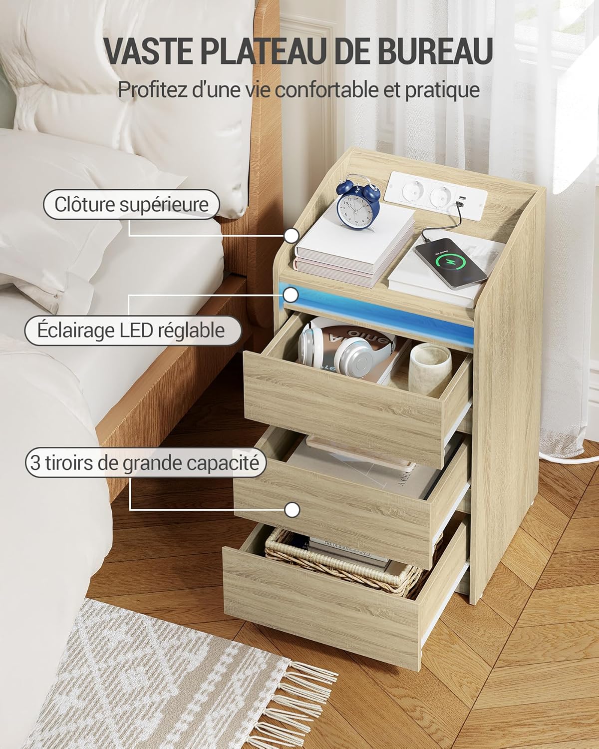 Thumbnail 6 de Hzuaneri NS40016X table de chevet avec 3 tiroirs, station de charge et LED