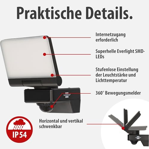 Detalle de Brennenstuhl Connect WiFi LED Strahler WF 2051 P – 24 W, 2800 lm, outdoor mit Bewegungsmelder