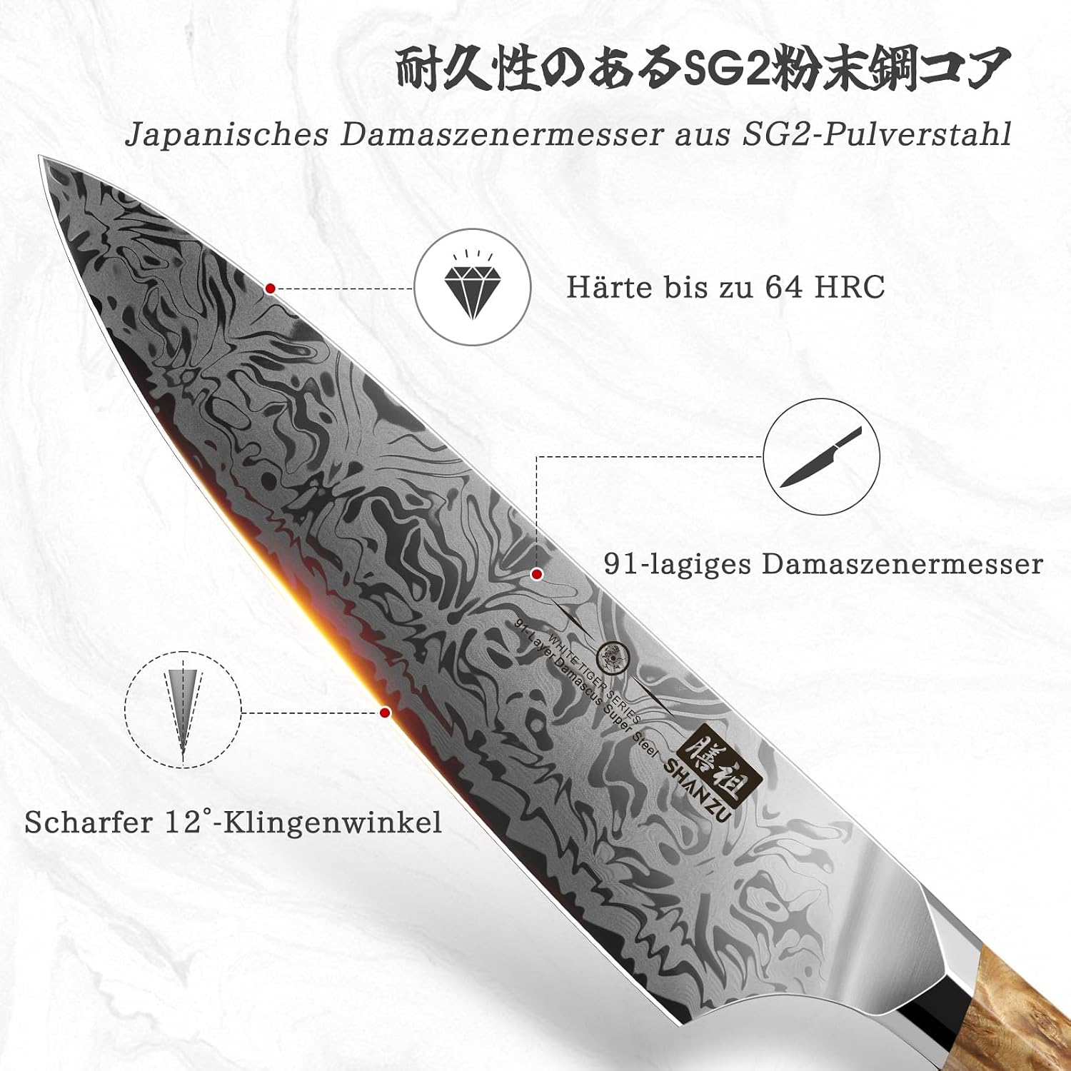 Detalle de SHAN ZU Damast Kochmesser 20 cm