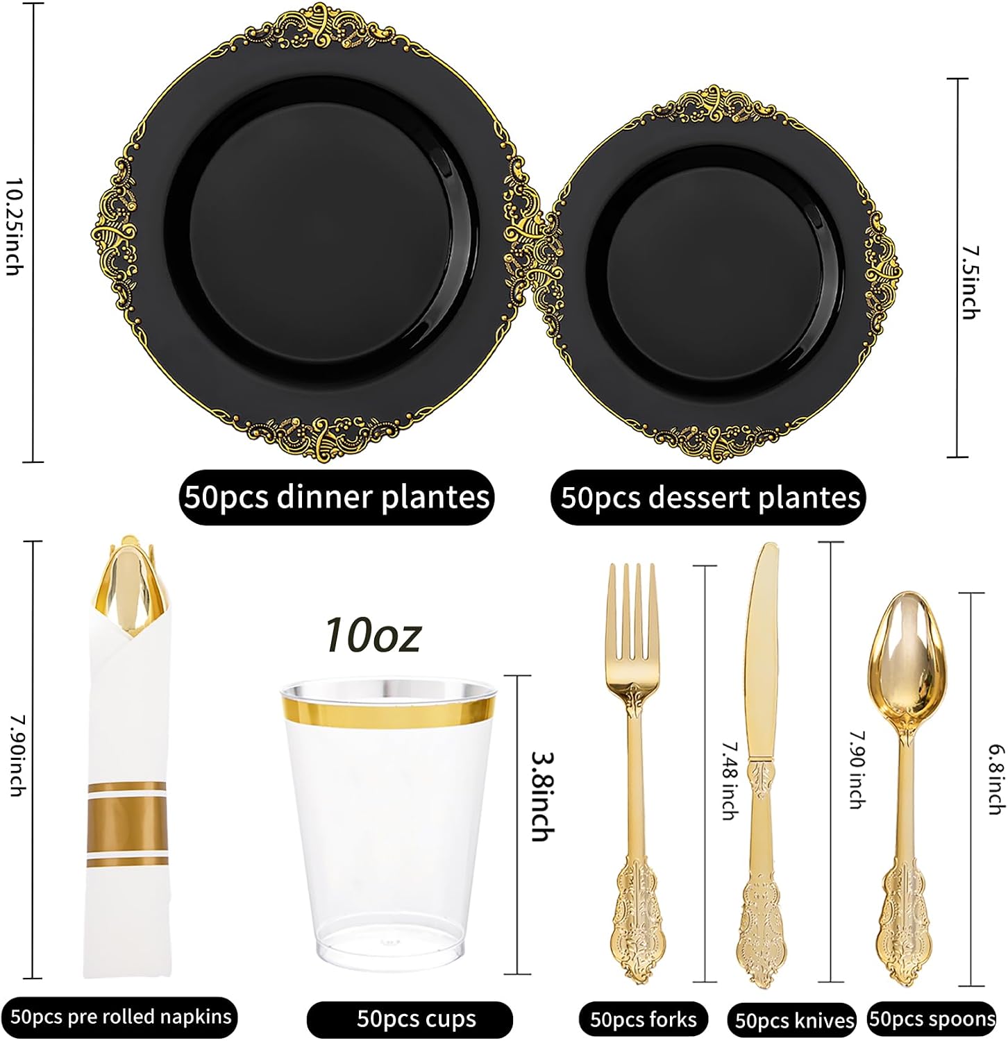 Detalle 2 de Hioasis 350pcs Black & Gold Party Plates Set for 50 Guests