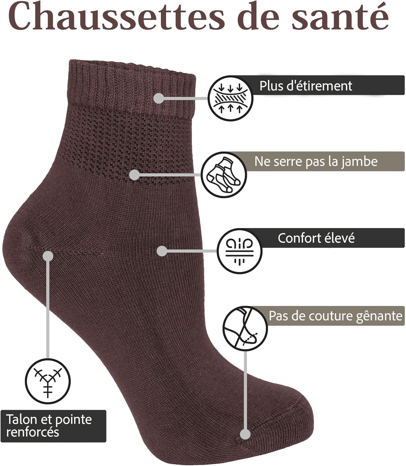 Detalle de Lot de 4 chaussettes diabète en bambou cheville
