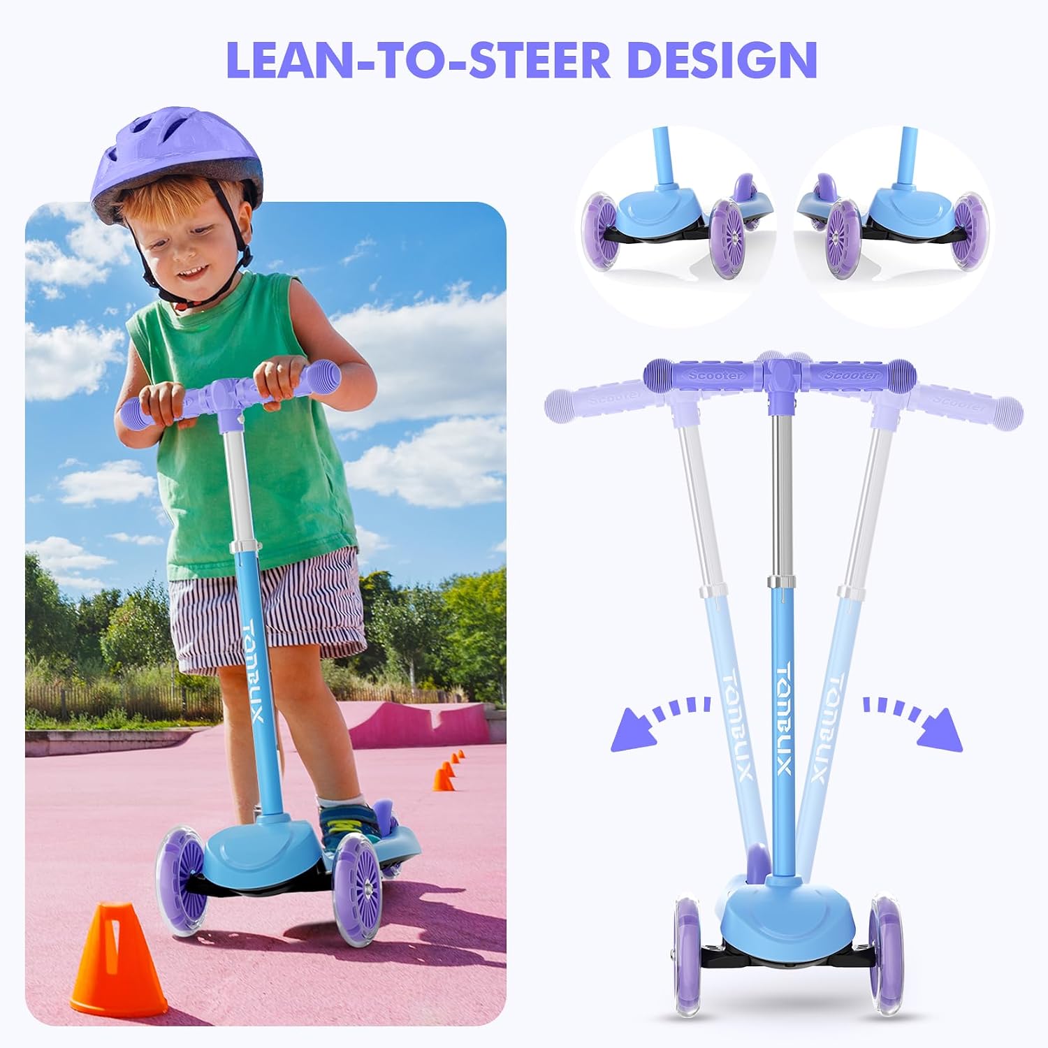Detalle de TONBUX Kids Scooter for Ages 3-8 (3-Wheel) with Light-Up Wheels & Adjustable 4-Level Height