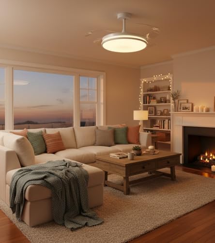Detalle de BEL AIR HOME DUNE: Ventilador de techo en blanco con aspas desplegables, luz LED 36W y mando a distancia