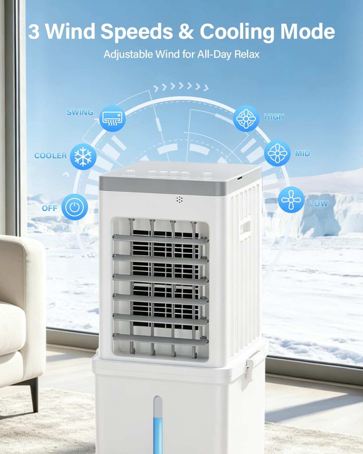 Thumbnail 3 de 12L Portable Air Conditioner Evaporative Air Cooler Fan (3 Speeds, 120° Oscillation) – Quiet 35dB, with Wheels