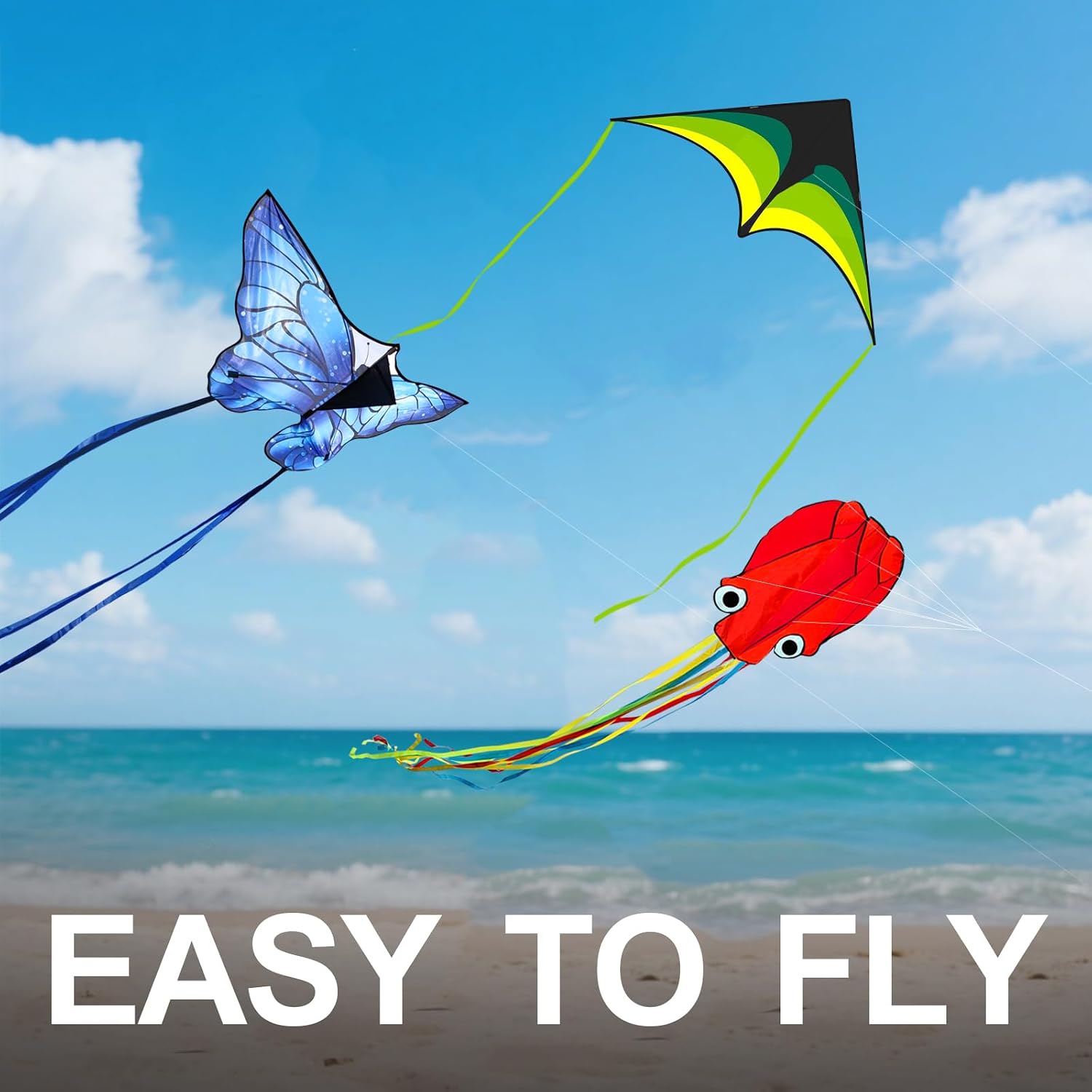Detalle 1 de Kites for Kids & Adults Beach Kites Set for Beginners (Butterfly, Octopus & Triangular) — Kite String Included