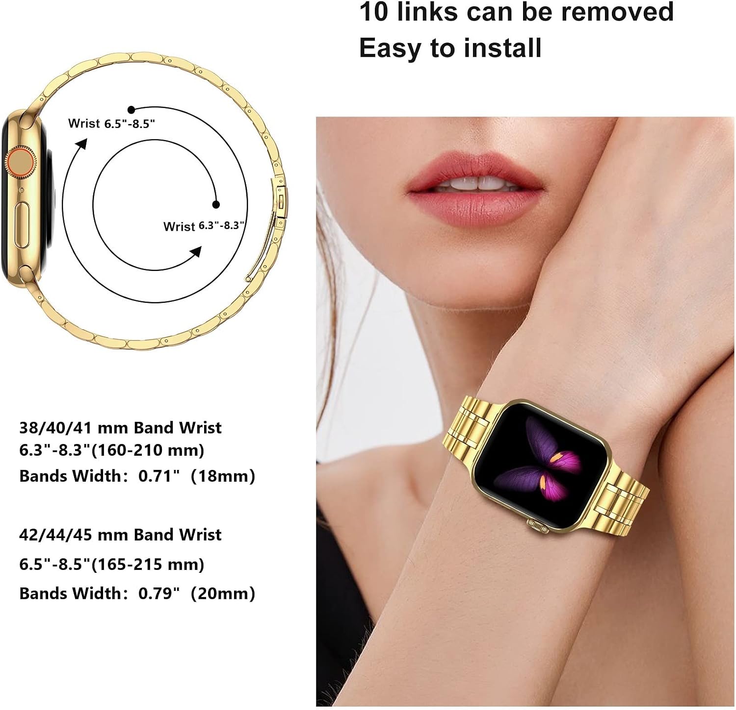 Detalle de MioHHR 42mm (Series 10) Stainless Steel Apple Watch Band with TPU Case, Gold