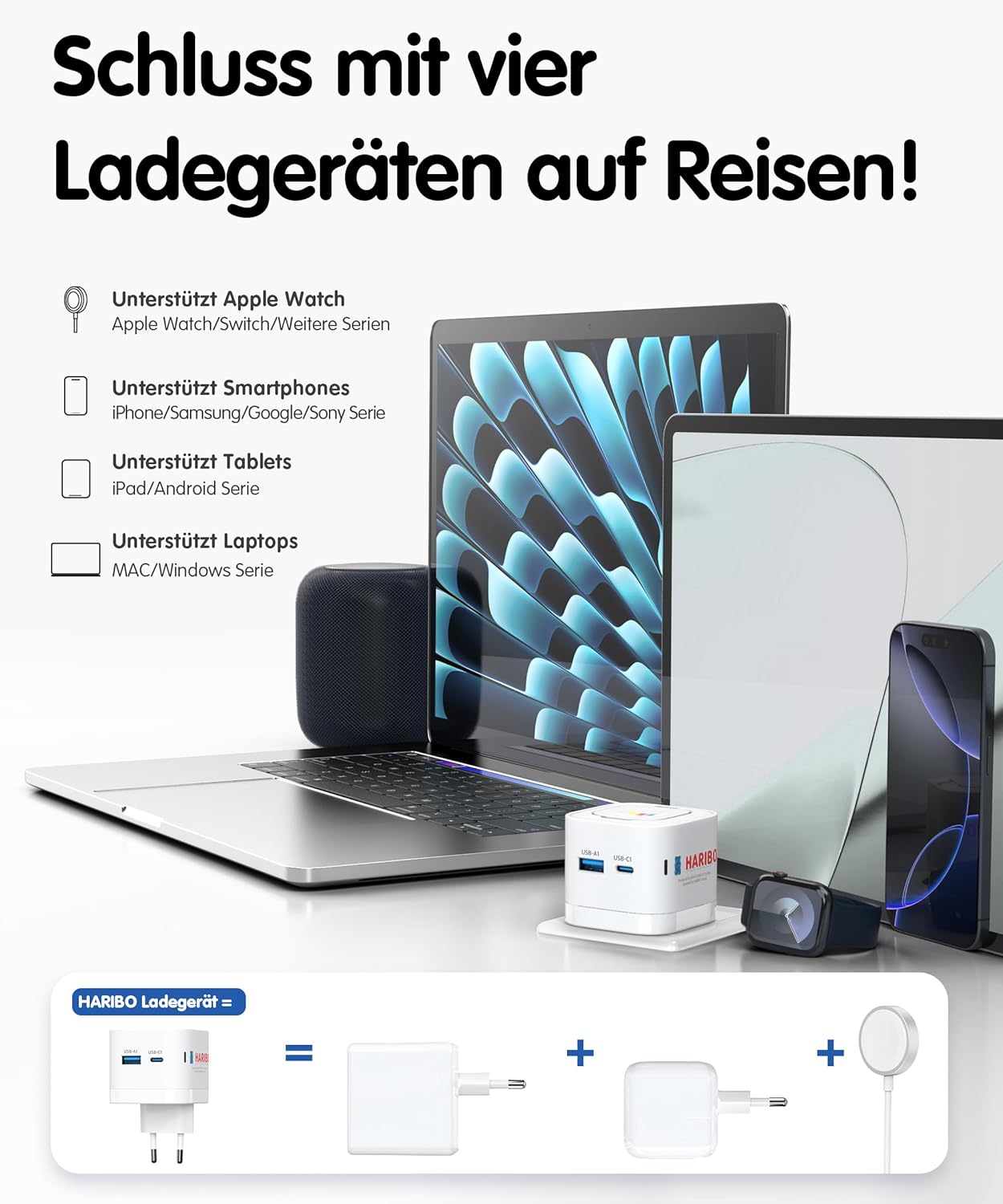 Detalle de Haribo Chargeur USB-C 65W 3-en-1 pour Apple Watch et appareils Apple – Bleu