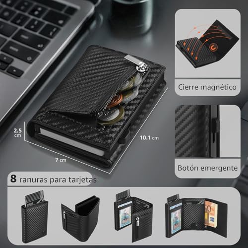 Detalle de TEEHON Carteras para Hombre con bloque RFID magnético y compartimento emergente (Clasico, Negro Exclusivo)