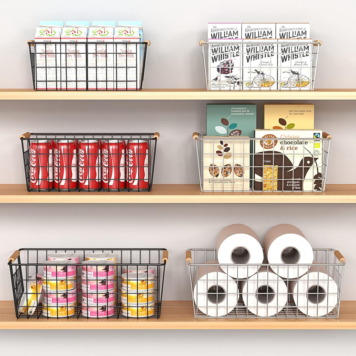 Thumbnail 5 de YOUVIP 3 Pack Wire Storage Baskets with Wooden Handles – Versatile Steel Grid Bins for Pantry, Fridge, Bathroom & More