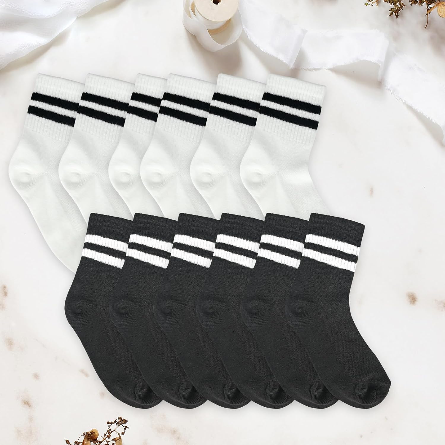 Thumbnail 4 de ouhos 6 Pairs School Socks (Age 6–12) – White/Black Cotton Rich Striped Crew Socks