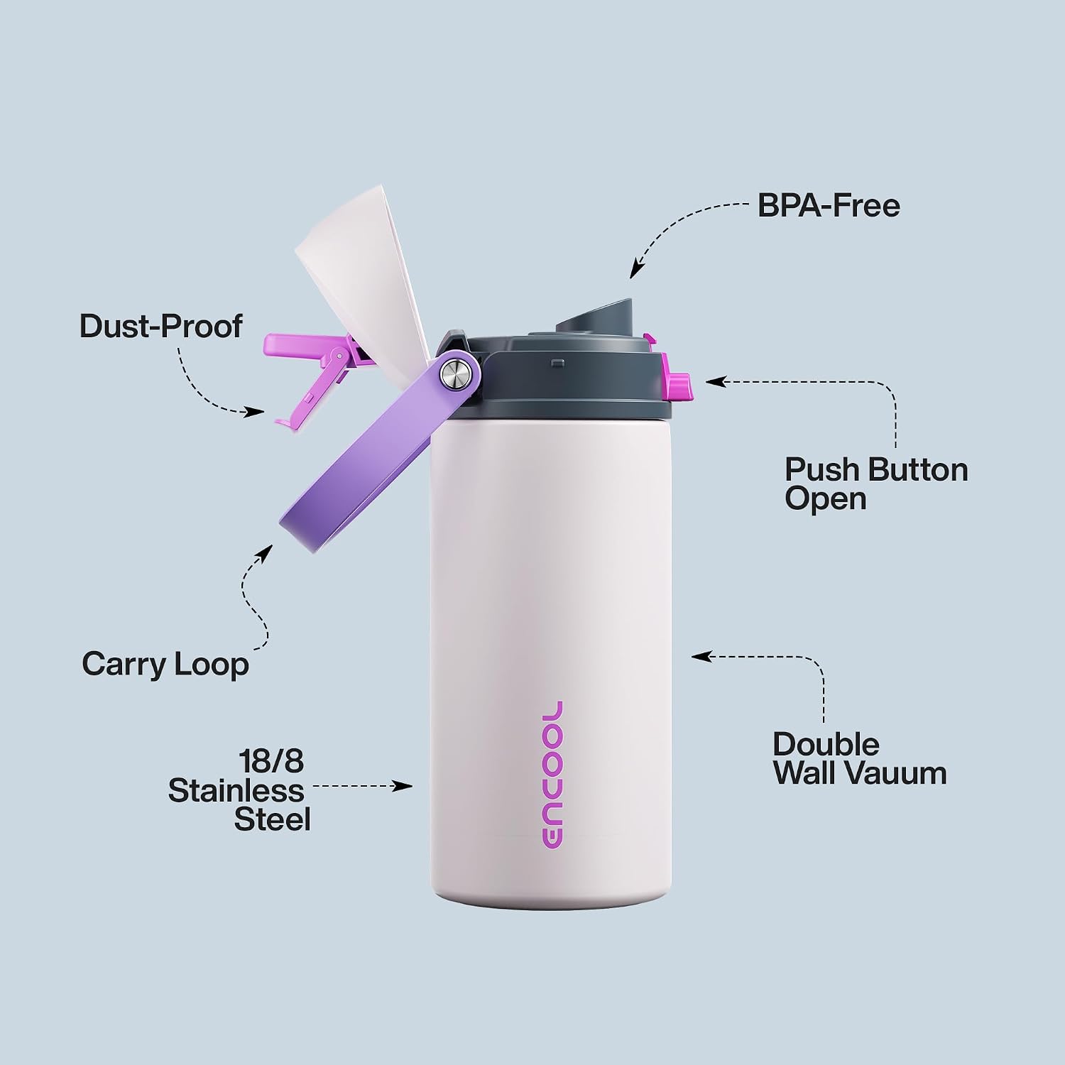 Detalle de Encool Insulated Water Bottle with Straw (18 oz, Oyster Pink) – Stainless Steel, Leak-Proof Lid