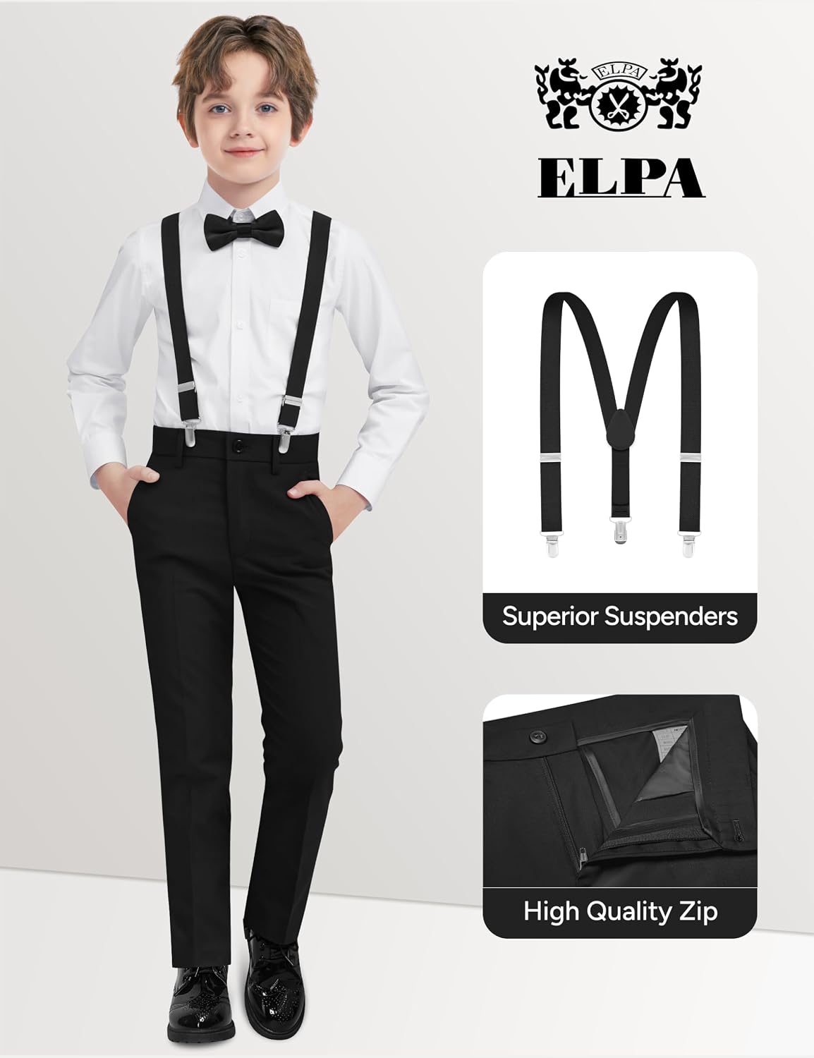 Detalle de ELPA Boys’ Formal Suit Vest Set with Suspenders (Shirt, Lined Vest, Pants, Pre-Tied Tie)