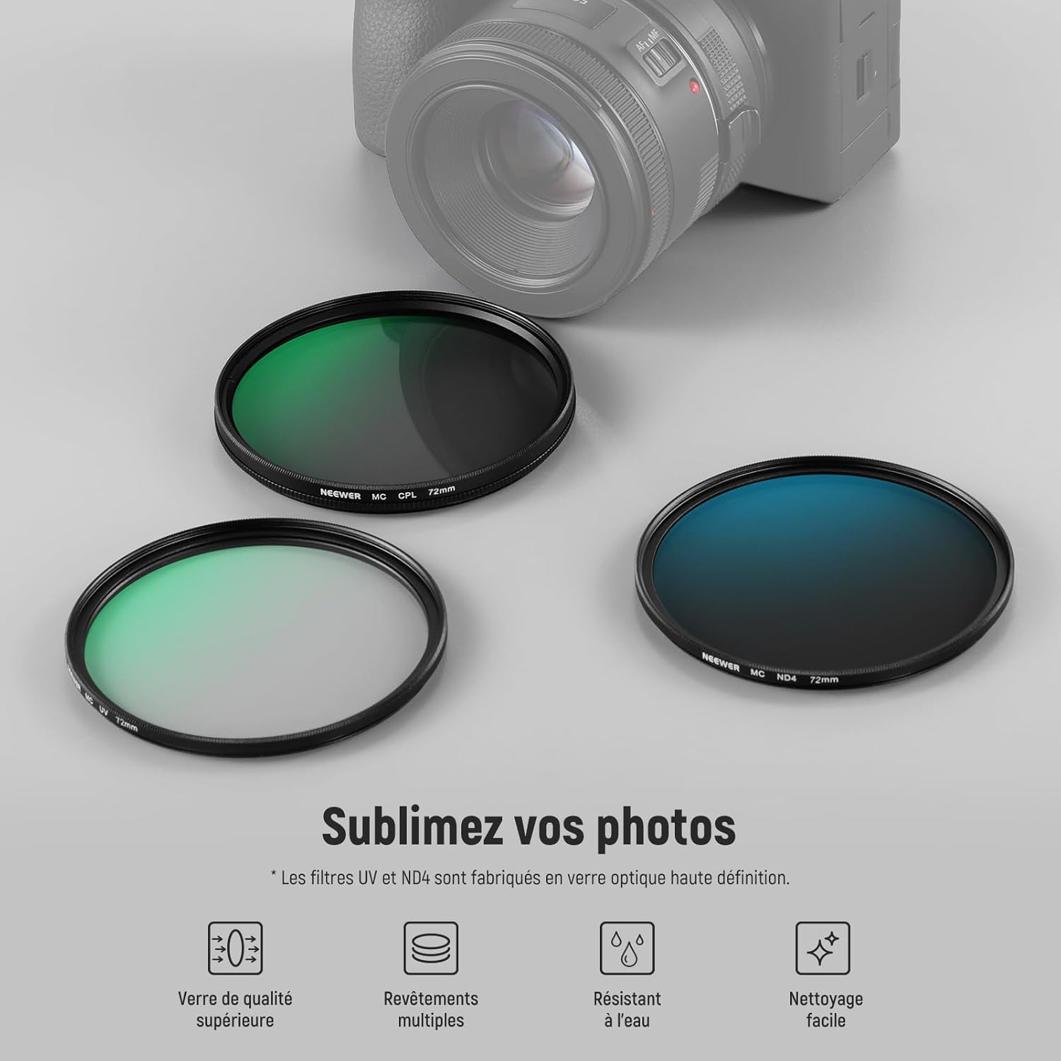 Thumbnail 1 de NEEWER 72mm Kit Filtres d'Objectif UV/CPL/ND4 – Étui rigide, cadre en aluminium