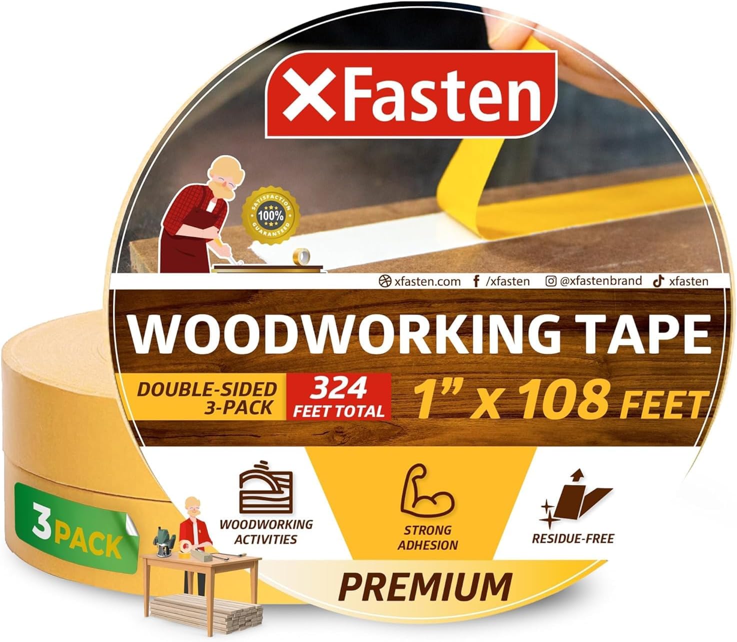 Detalle de XFasten DSWT136P3 Double-Sided Woodworking Tape, 1 Inch, 3-Pack