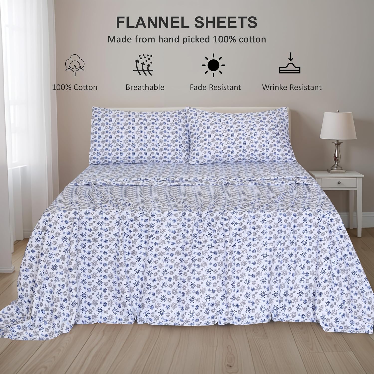 Detalle de RUVANTI 6T-613L-DYLH Full Flannel Sheet Set, 100% Cotton, Snow Flake Grey