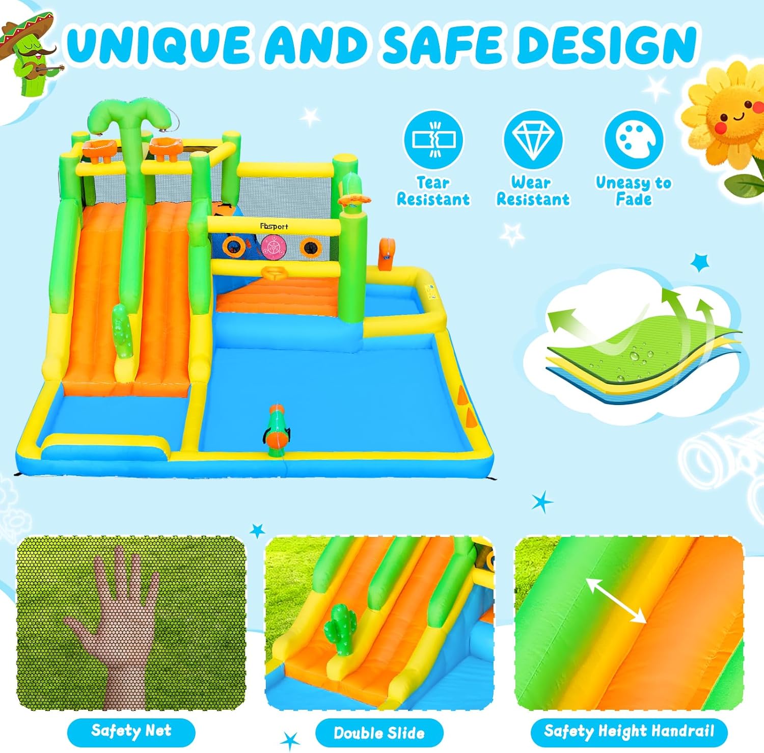 Detalle de FBSPORT Inflatable Bounce House Double Water Slide with Splash Pool and 750W Blower