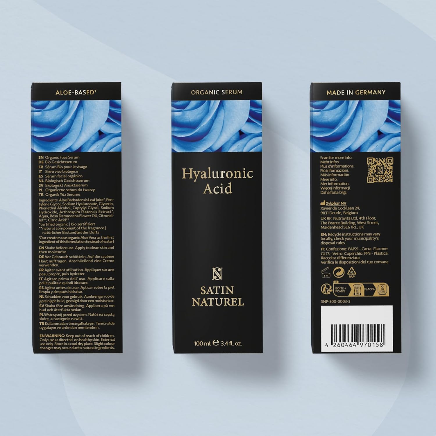 Detalle 2 de Sérum Satin Naturel Acide Hyaluronique forte teneur (100 ml) – Hydratation 24 h, effet anti-âge vegan