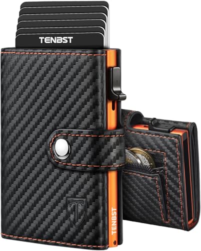 Detalle de TENBST Carteras para Hombre | Tarjetero con Monedero y Bloqueo RFID en fibra de carbono naranja-negro