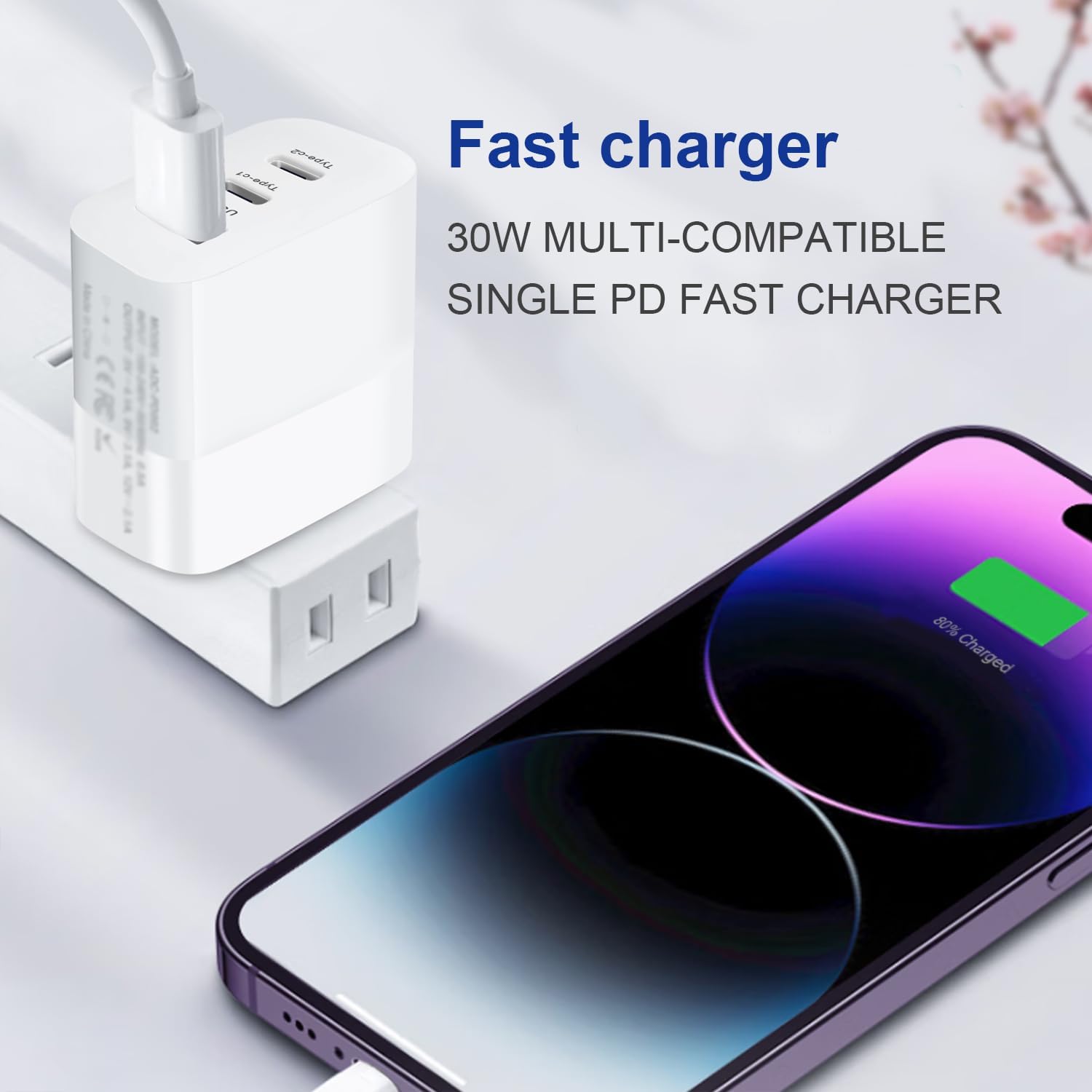 Detalle de EU Plug Travel Adapter Charger with 2 USB-C and 1 USB-A — 30W PD Fast Charging