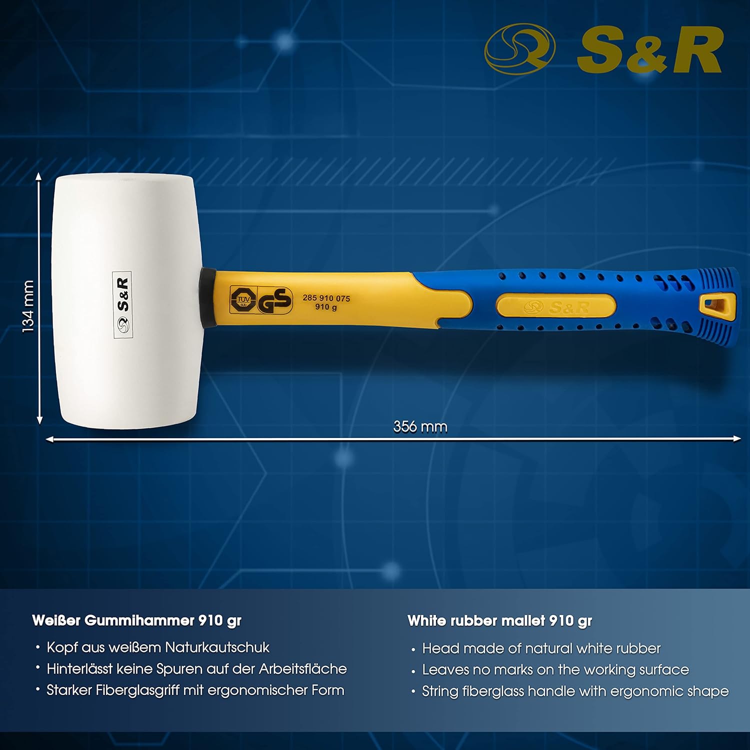 Detalle de S&R Gummihammer Groß Weiß 75mm, 910g – Schonhammer, rückschlagfrei & vielseitig einsetzbar
