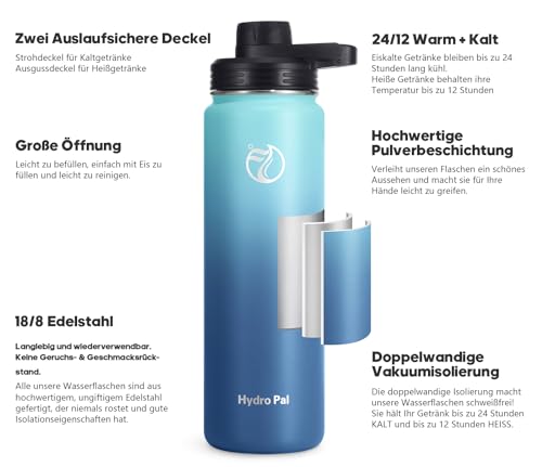 Detalle de HydroPal 500ml Edelstahl Isolierflasche – Doppelwand, zwei Deckel, Strohhalm
