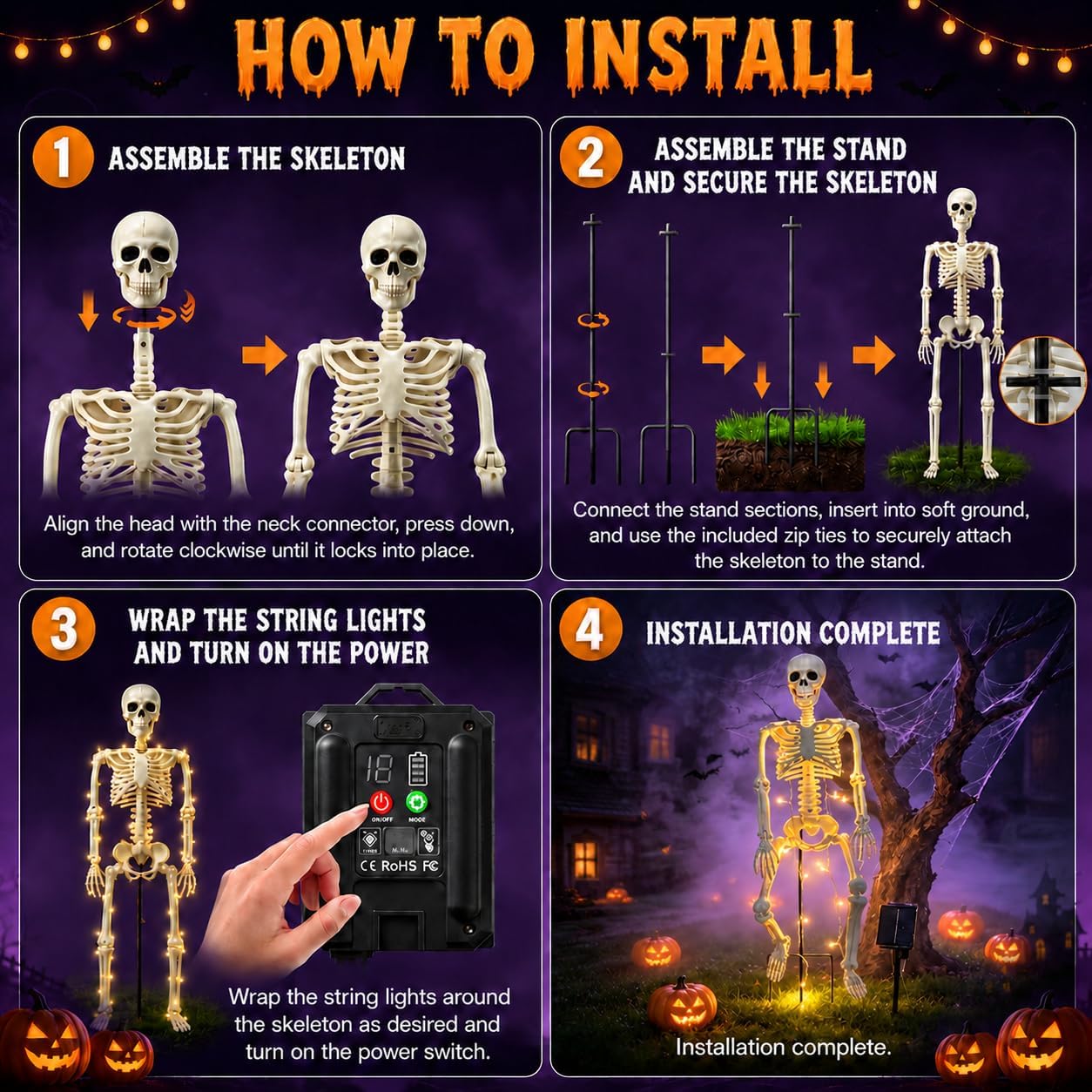 Thumbnail 6 de Anrtrog KL001 36-Inch Solar Halloween Skeleton with Warm Lights and Remote