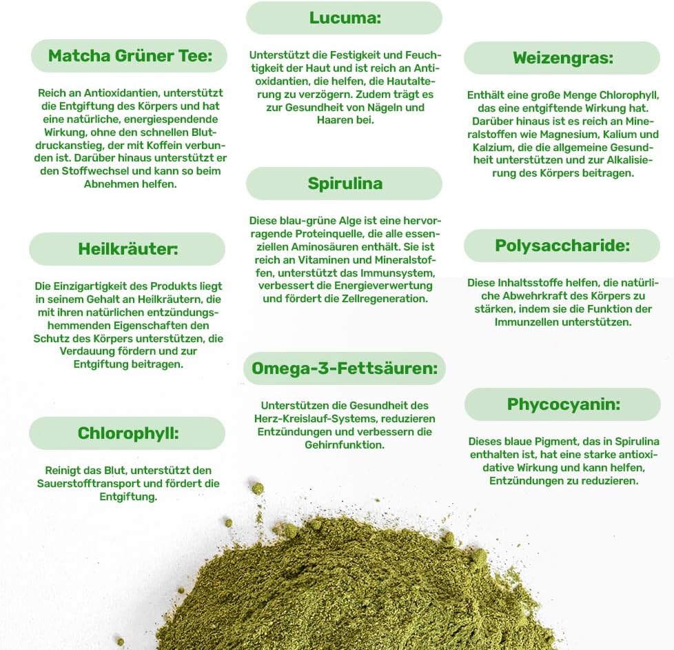 Detalle de UKKO Vital Greens 500 g Superfood-Pulver mit Spirulina, Matcha und Weizengras