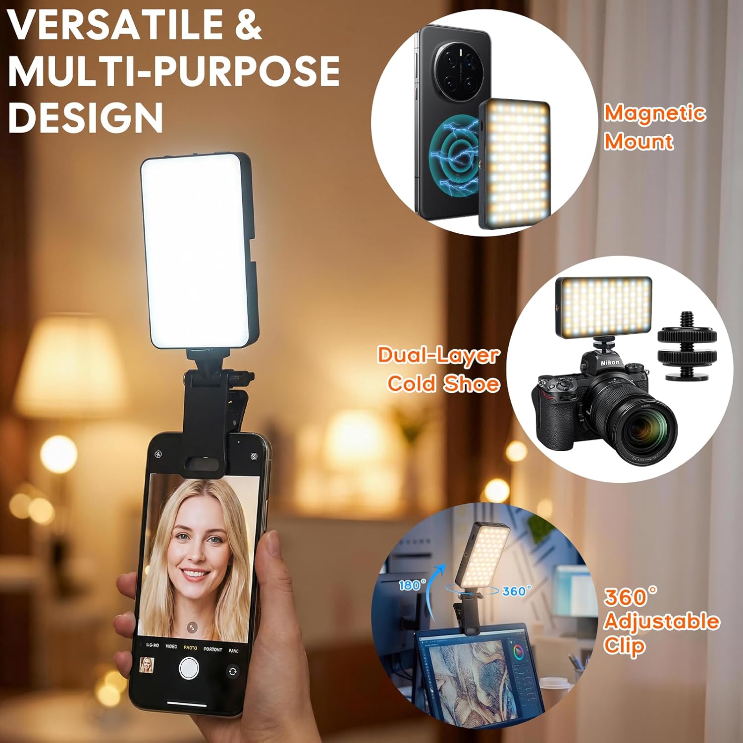 Thumbnail 2 de 136 LED Magnetisches Selfie Licht – Doppel-Seiten LED Licht für Smartphone, Laptop und Kamera