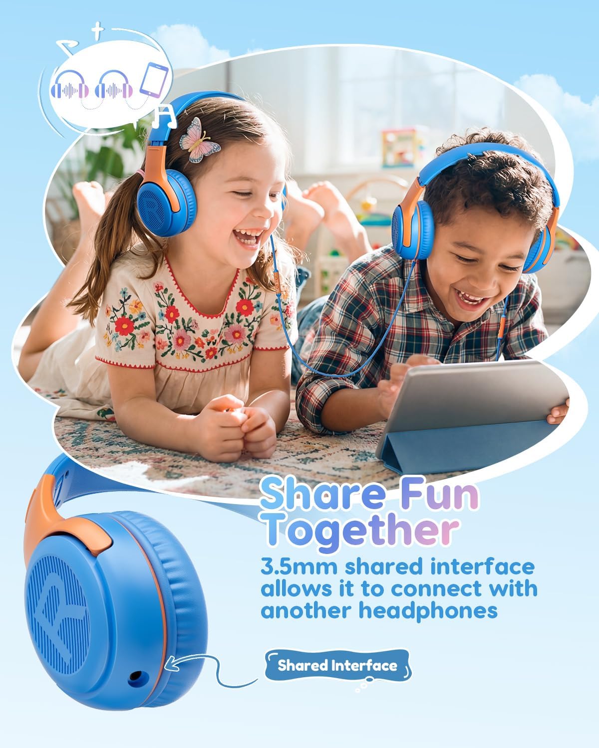 Thumbnail 4 de Awatrue Kids Wired Headphones with Mic (85/94dB limit, 3.5mm, foldable) – Orange/Blue