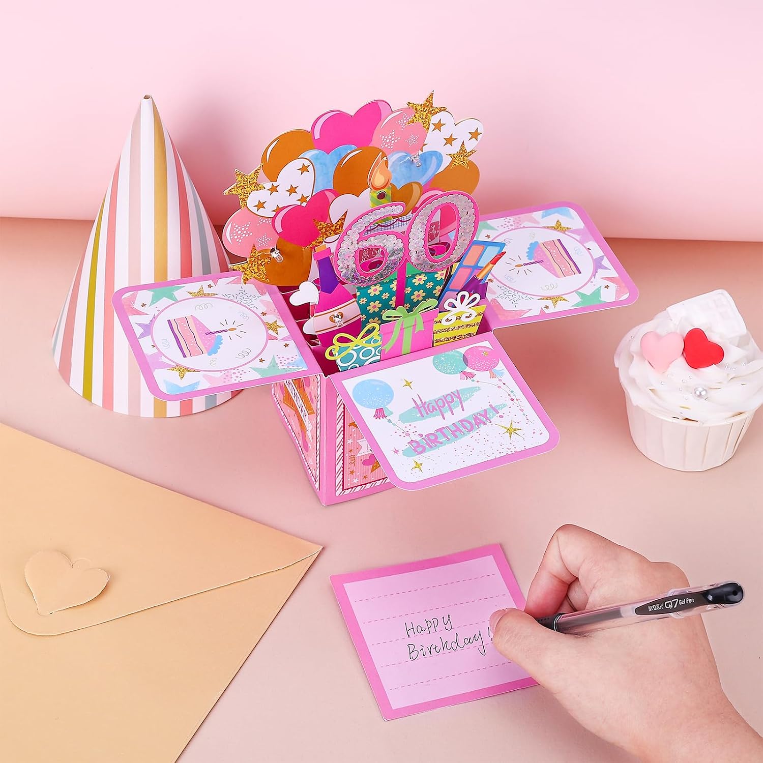 Detalle de Joyoldelf Biglietto Auguri Compleanno 60 Anni per Donna — Biglietto 3D Musicale e con Luce, Pop Up Raffinato e Divertente