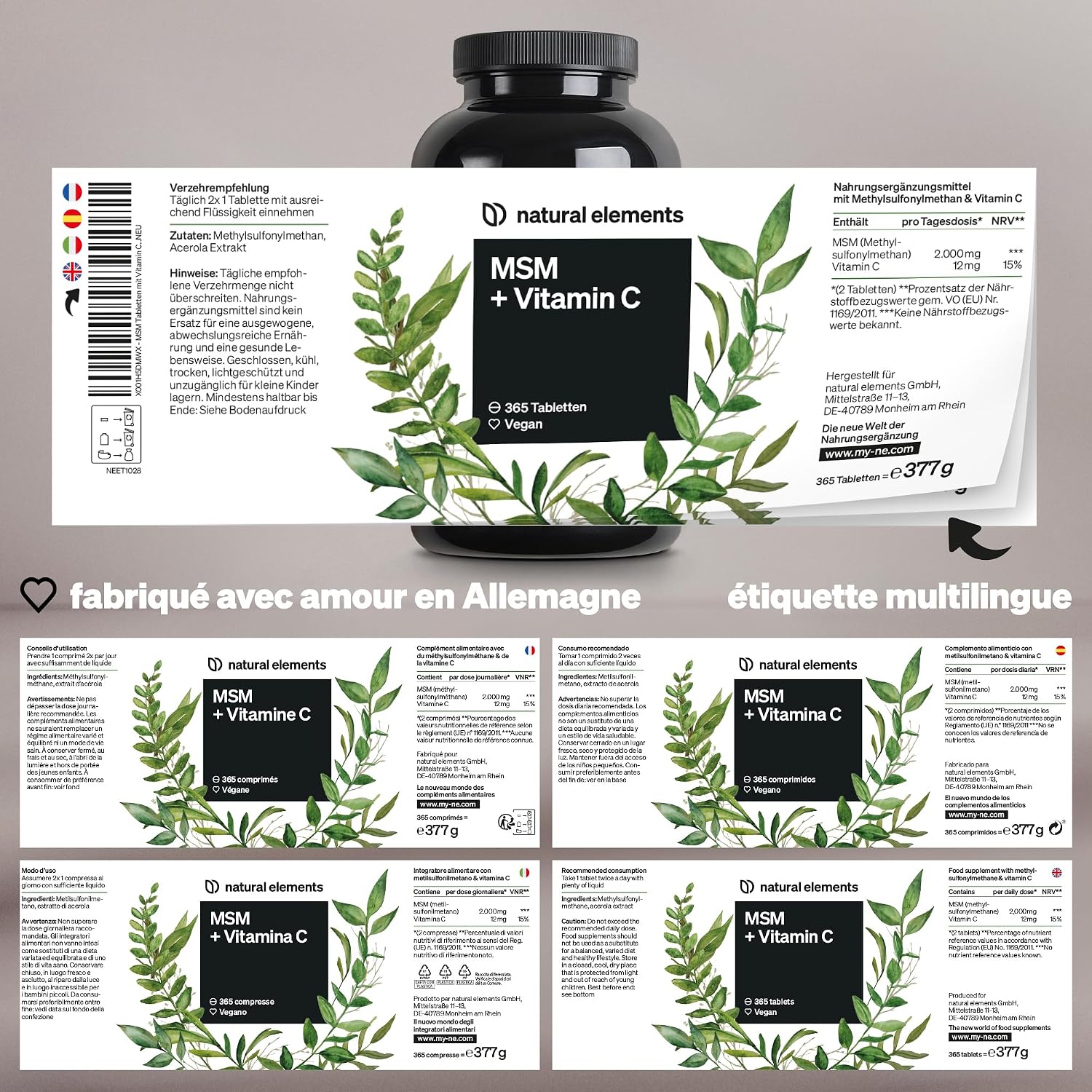 Thumbnail 4 de Natural Elements MSM 2000 mg + Vitamine C naturelle (acerola) – 365 comprimés, végane