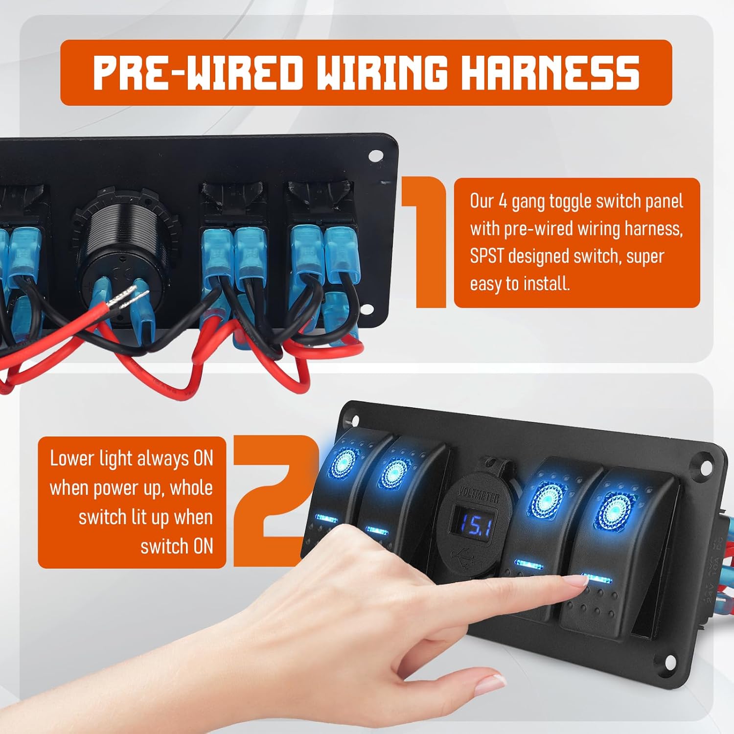 Detalle de Chelhead 12V 4-Gang Low Voltage Rocker Switch Panel with Dual USB Charger and Voltmeter
