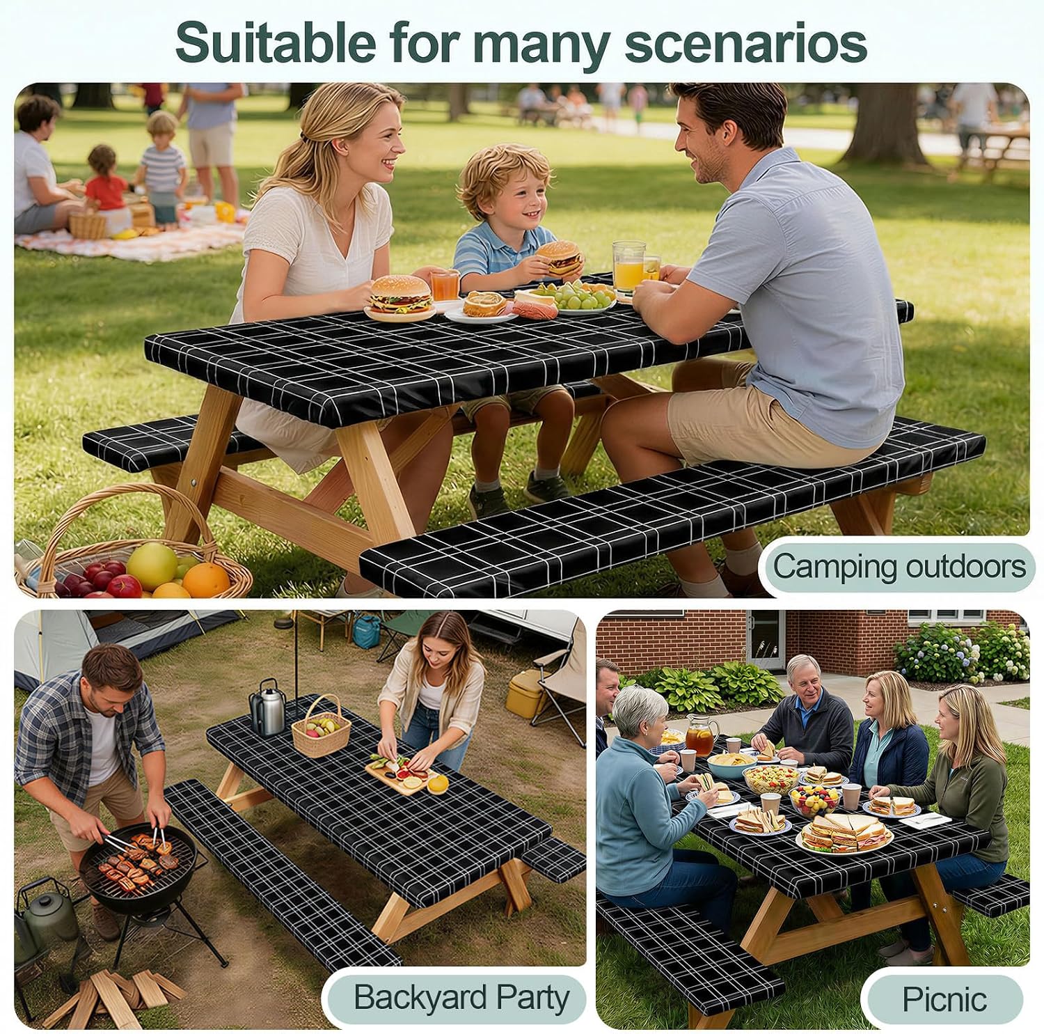 Thumbnail 6 de Picnic Table Cover with Bench Covers – Waterproof 72in Fitted Set for Standard 6-Ft Tables (Black Checkered)