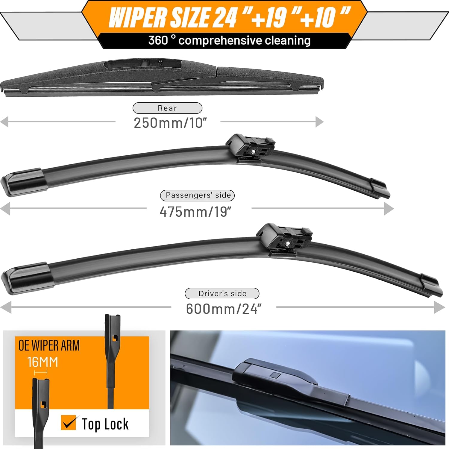 Thumbnail 2 de AUTOBoo 24" + 19" Windshield Wiper Blades Replacement Kit for 2023-2025 Honda CR-V (includes 10" rear, 3-pack)