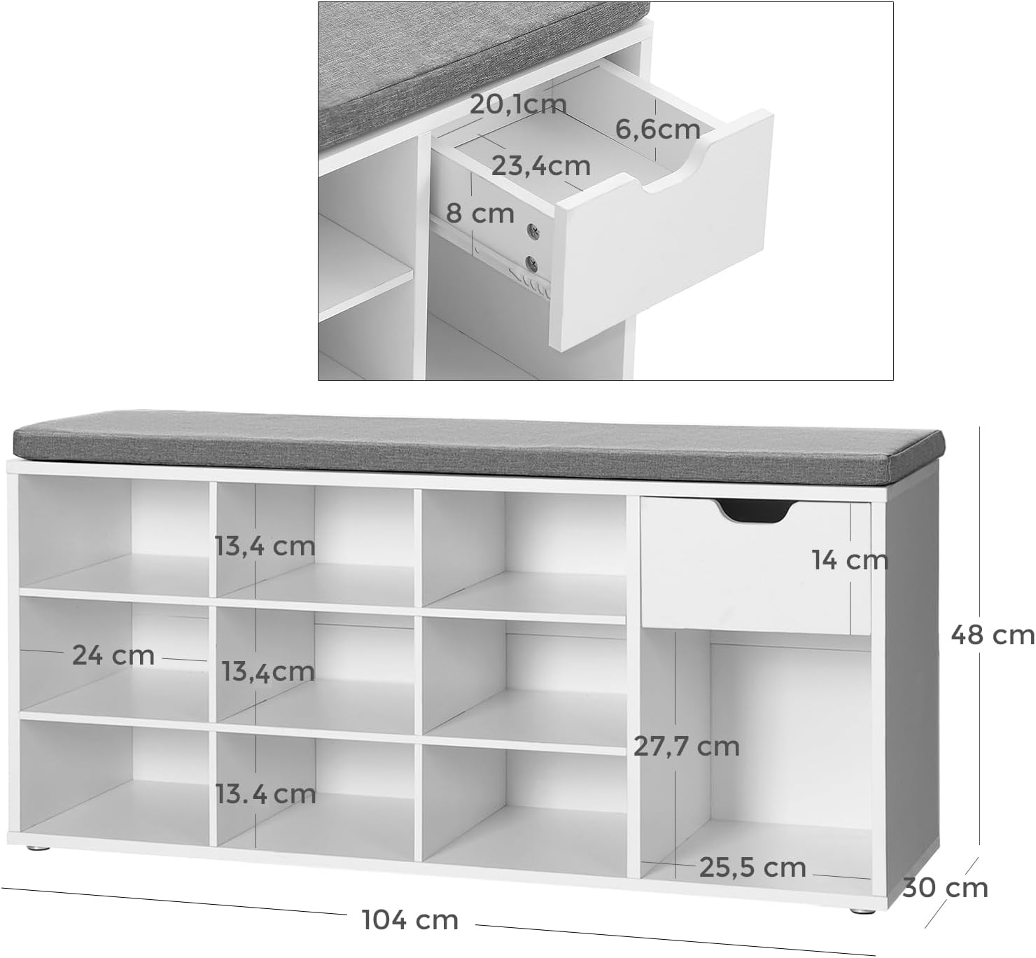 Detalle de VASAGLE Schuhbank LHS24WT – Gepolsterte Sitzbank mit Schublade und offenen Fächern, 104 cm