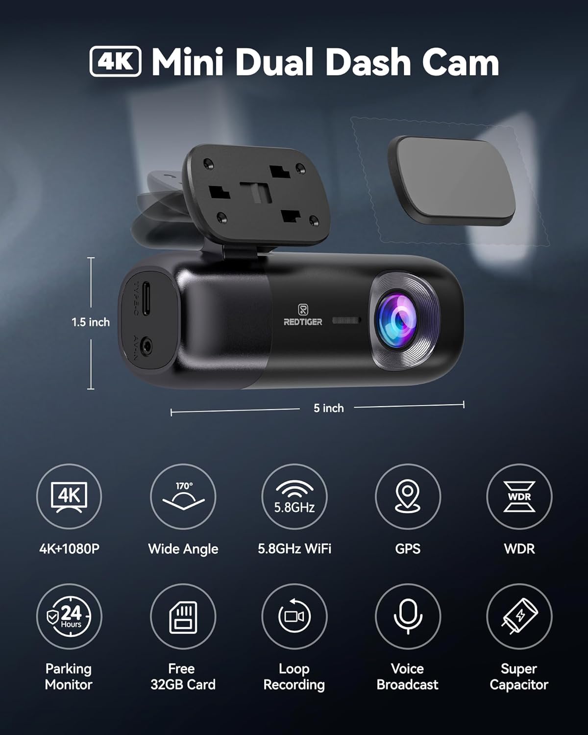Detalle 2 de REDTIGER F9 Dash Cam 4K Front and Rear 1080P