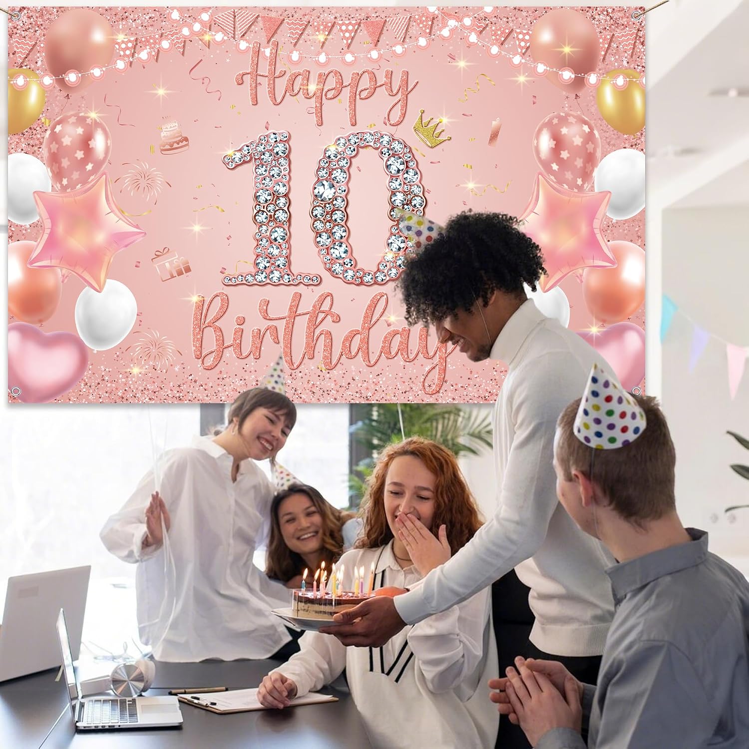Detalle de Happy 10th Birthday Decorations Banner – Pink Rose Gold Fabric Backdrop for 10th Birthday Party