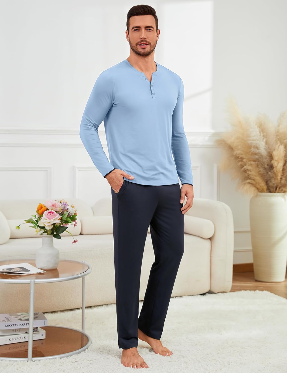 Detalle de Uniexcosm Pyjama Homme Hiver en Coton — Ensemble 2 pièces à boutons
