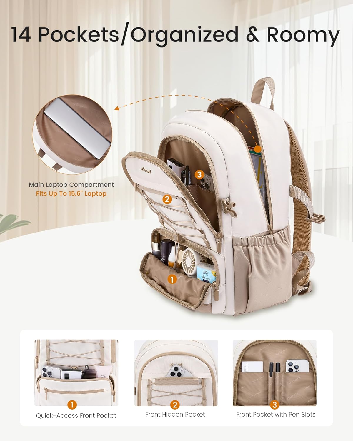 Thumbnail 1 de LOVEVOOK School Backpack for Teen Girls – Large Capacity Laptop Backpack, Beige-Khaki