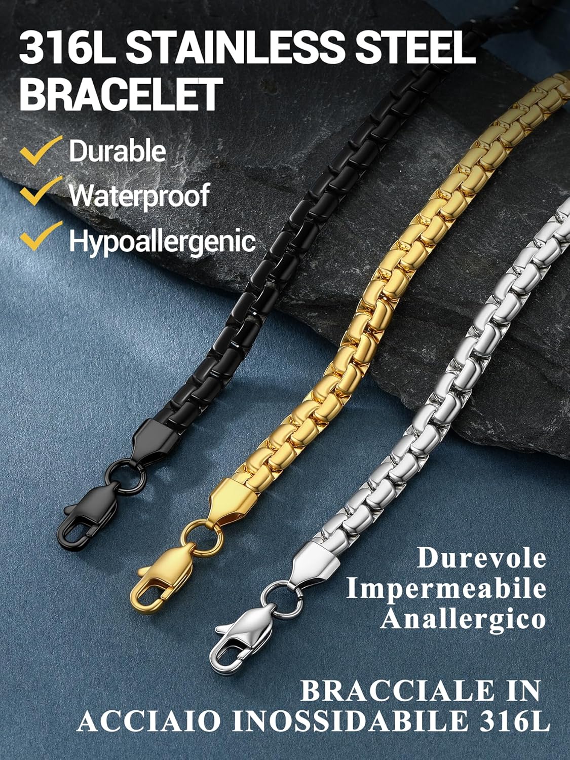 Thumbnail 6 de PROSTEEL Bracciale a Catena Veneziana Treccia Metallica: Uomo, Acciaio Inox Impermeabile e Ipoallergenico