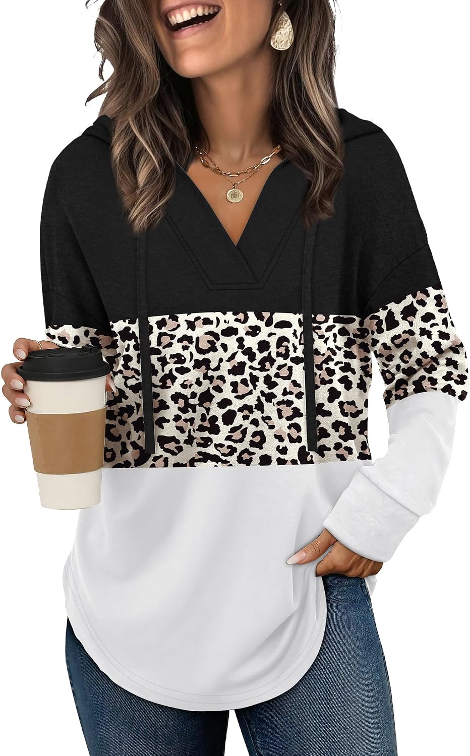Detalle de Sampeel Women's V-Neck Oversized Hoodie, Long Sleeves, Longer Back Hem