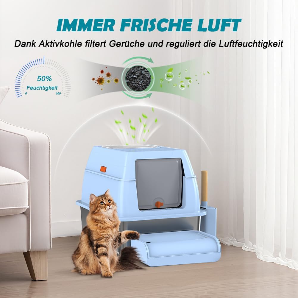 Detalle 2 de SZEETECH Katzenklo Edelstahl XL (60 x 40 x 39,5 cm) mit Deckel, zwei Ausgänge und Set aus Schaufel + Matte + Trittstufe (blau)