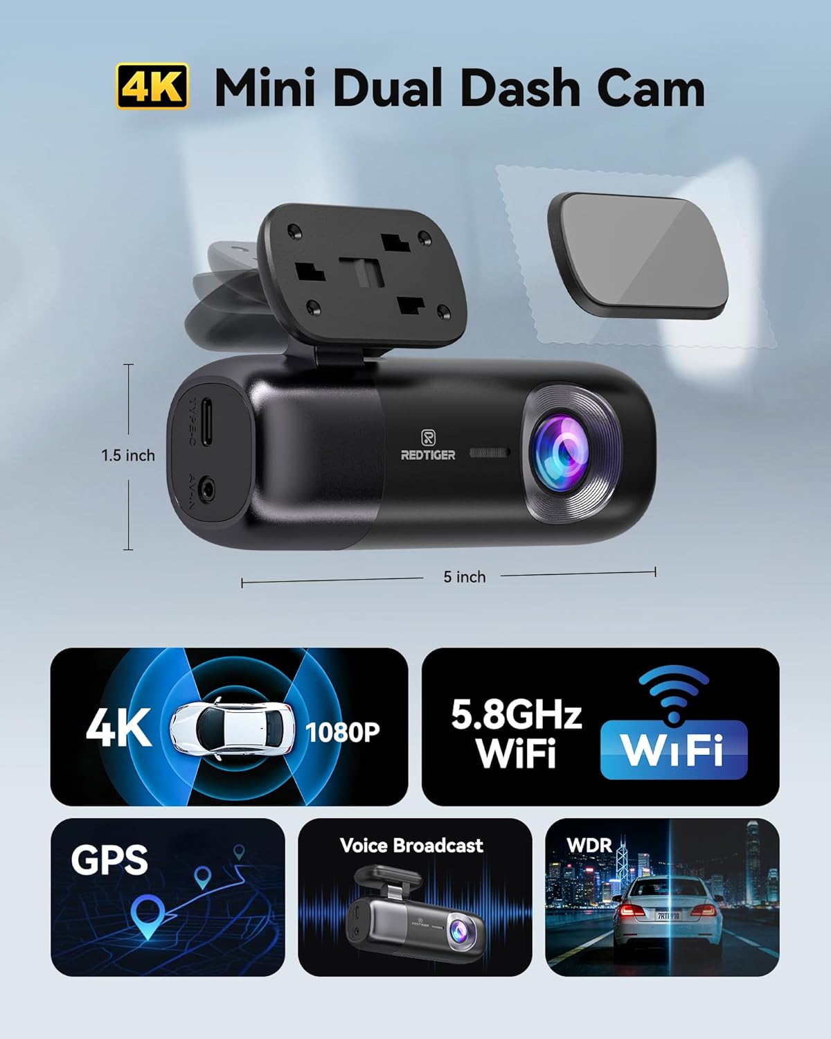 Thumbnail 1 de REDTIGER F9 Dash Cam 4K Front + 1080P Rear: Dual Recording with 5.8GHz WiFi, GPS and App Control