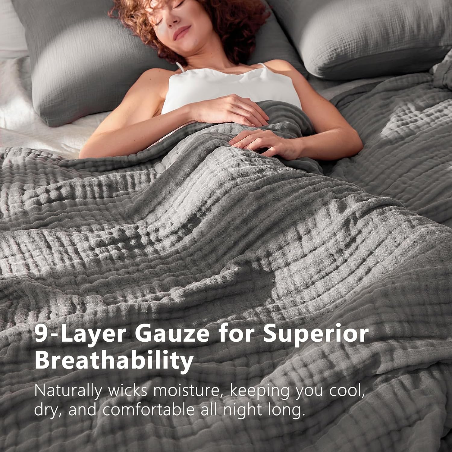 Detalle 2 de EMME EMCAC-9-Muslin Blanket Brezpure Queen 9-Layer Cotton Blanket, Dark Grey
