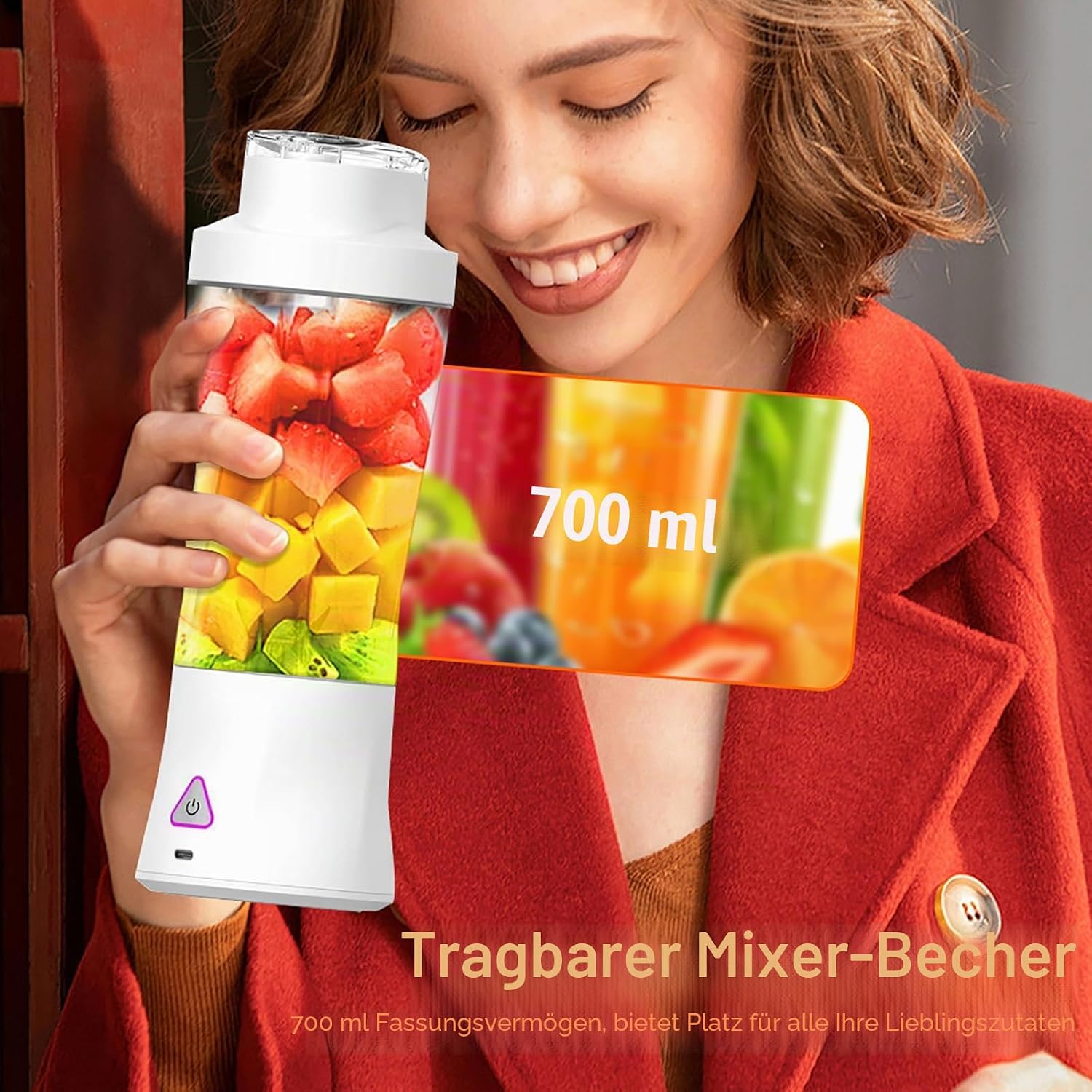 Detalle de Smoothie Maker Tragbarer Mixer/Blender 700 ml – BPA-frei, 6000 mAh Akku, Weiße Ausführung