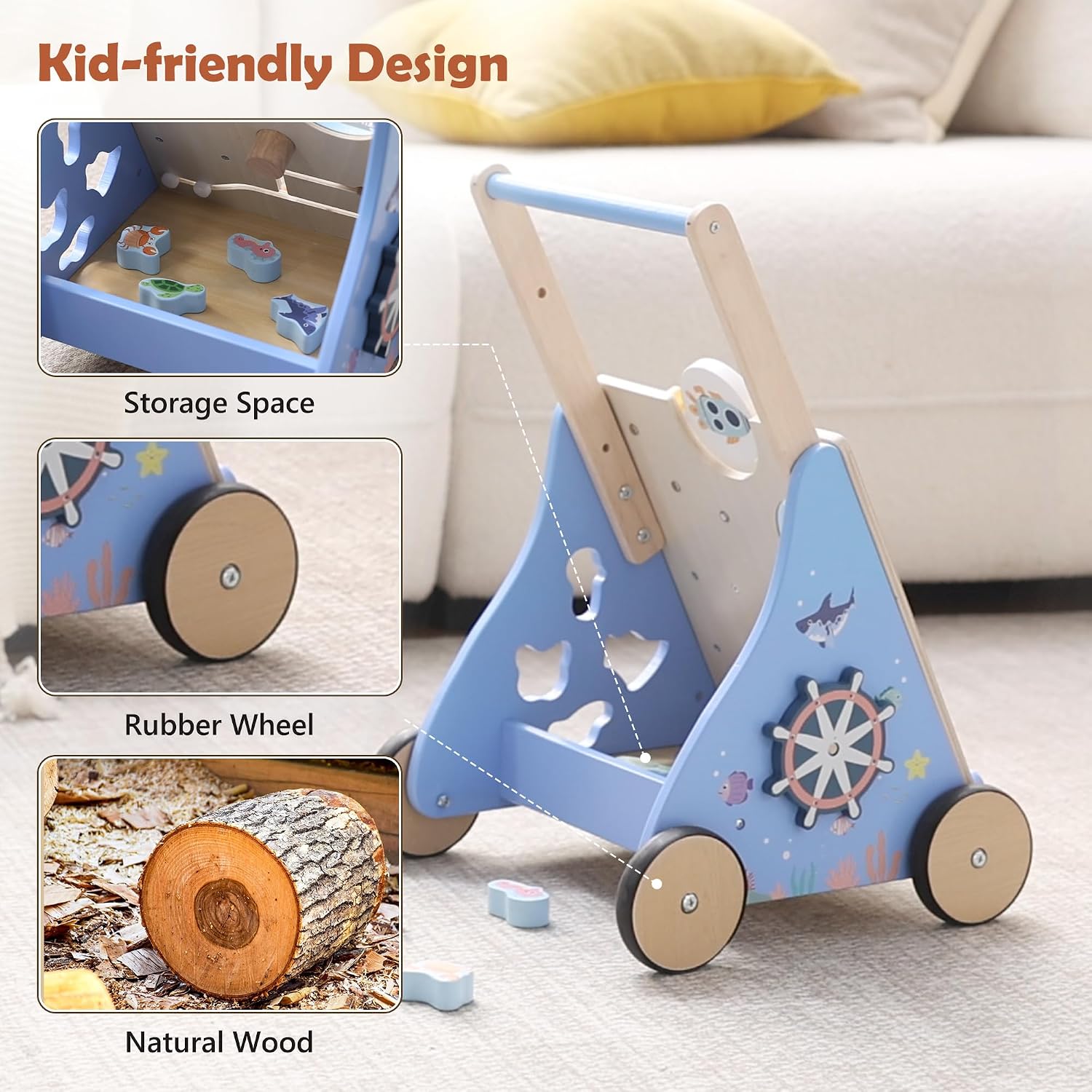 Thumbnail 6 de Lauflernwagen Holz Ocean – Montessori Lauflernhilfe mit Meeresmotiven und Aktivitätsboard