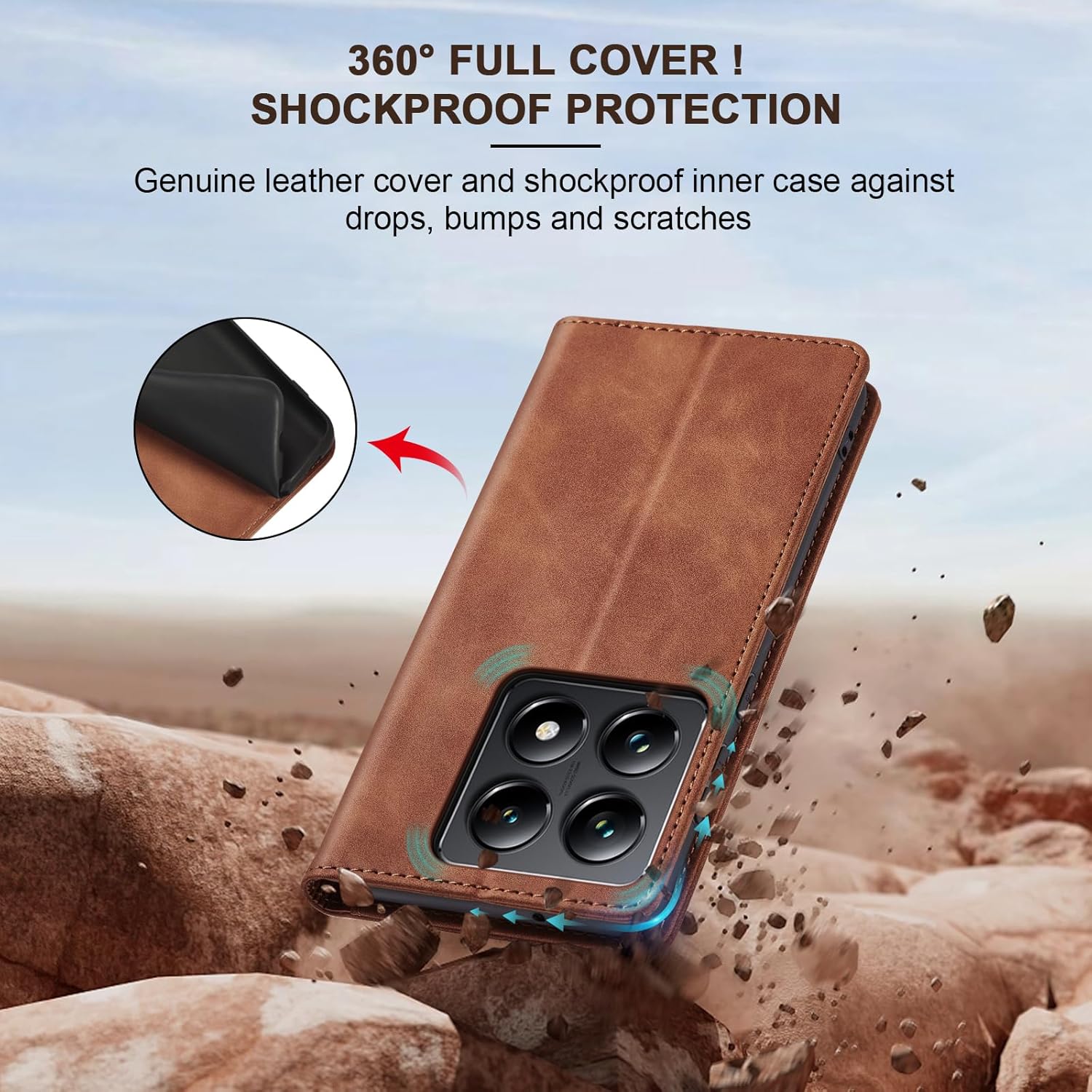 Thumbnail 3 de Jasonyu Leder-Flip-Hülle für Xiaomi 14T Pro – Braun mit Kartenfächern, Magnetverschluss und Standfunktion