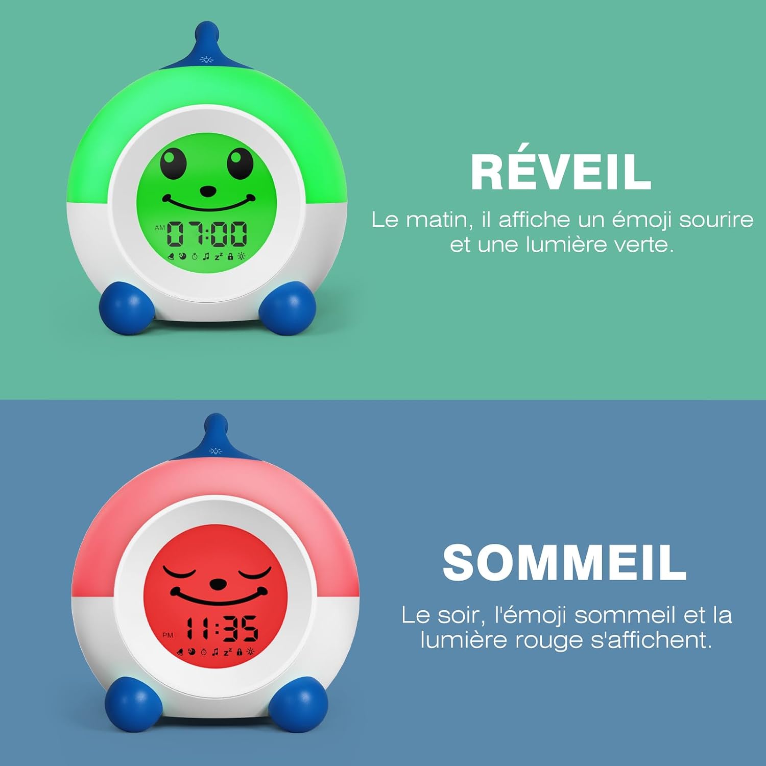 Detalle de I·CODE Reveil Enfant jour/nuit avec veilleuse et fonction sieste (bleu)