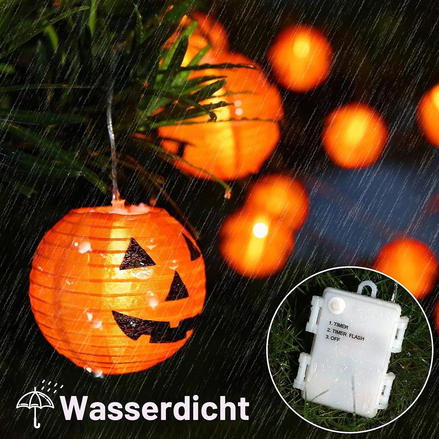 Detalle de Qedertek Halloween Kürbis Laternen Lichterkette – 4,3 m, 20 ORANGE Kürbis-Lampions, IP65, batteriebetrieben